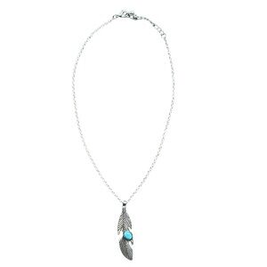 Turquoise Faux Stone Feather Pendant Necklace Silver Tone Boho Southwestern 21"